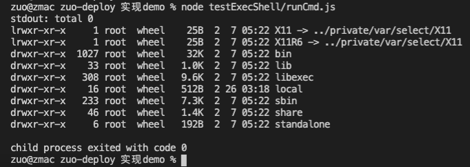 测试node执行ls命令